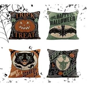 4 Retro Style Halloween Linen Pillow Covers 18x18 Cat Pumpkin Skeleton Bat Decor